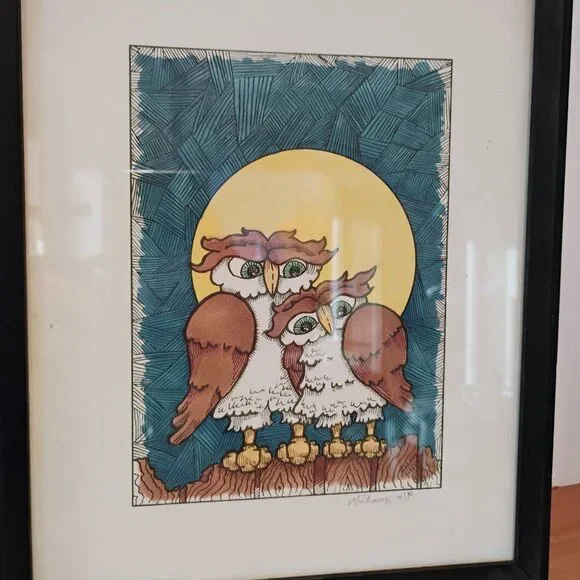 Vtg Set of 2 Whimsical Owl Art Prints Artisan Signed Michaux HIP 1976 - Picture 4 of 10